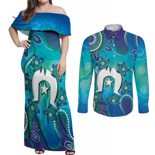 Torres Strait Islanders Flag Day Couples Matching Off Shoulder Maxi Dress and Long Sleeve Button Shirt Dhari With Turtles Aboriginal Art