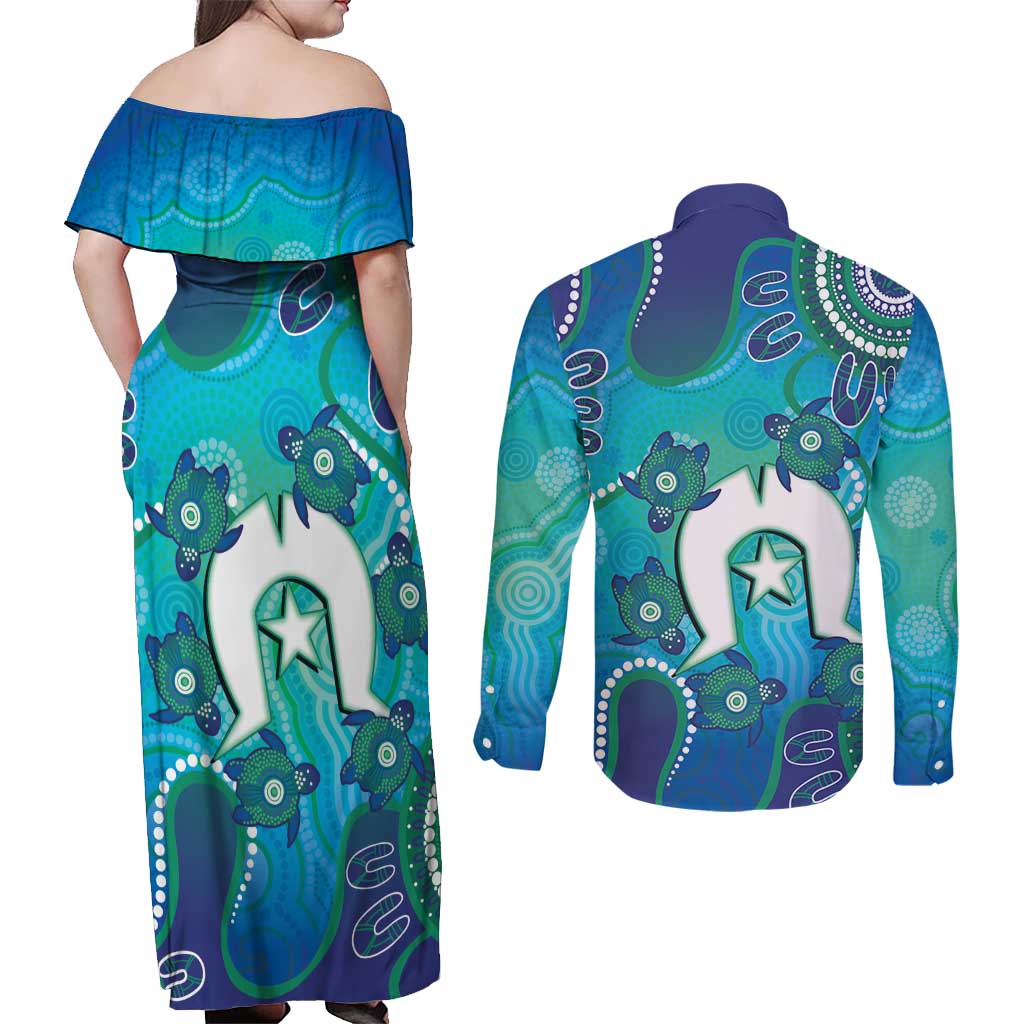 Torres Strait Islanders Flag Day Couples Matching Off Shoulder Maxi Dress and Long Sleeve Button Shirt Dhari With Turtles Aboriginal Art