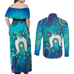 Torres Strait Islanders Flag Day Couples Matching Off Shoulder Maxi Dress and Long Sleeve Button Shirt Dhari With Turtles Aboriginal Art