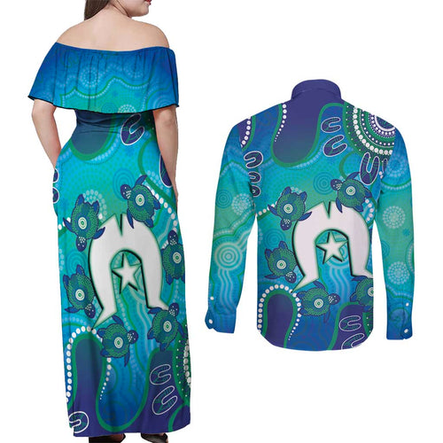 Torres Strait Islanders Flag Day Couples Matching Off Shoulder Maxi Dress and Long Sleeve Button Shirt Dhari With Turtles Aboriginal Art