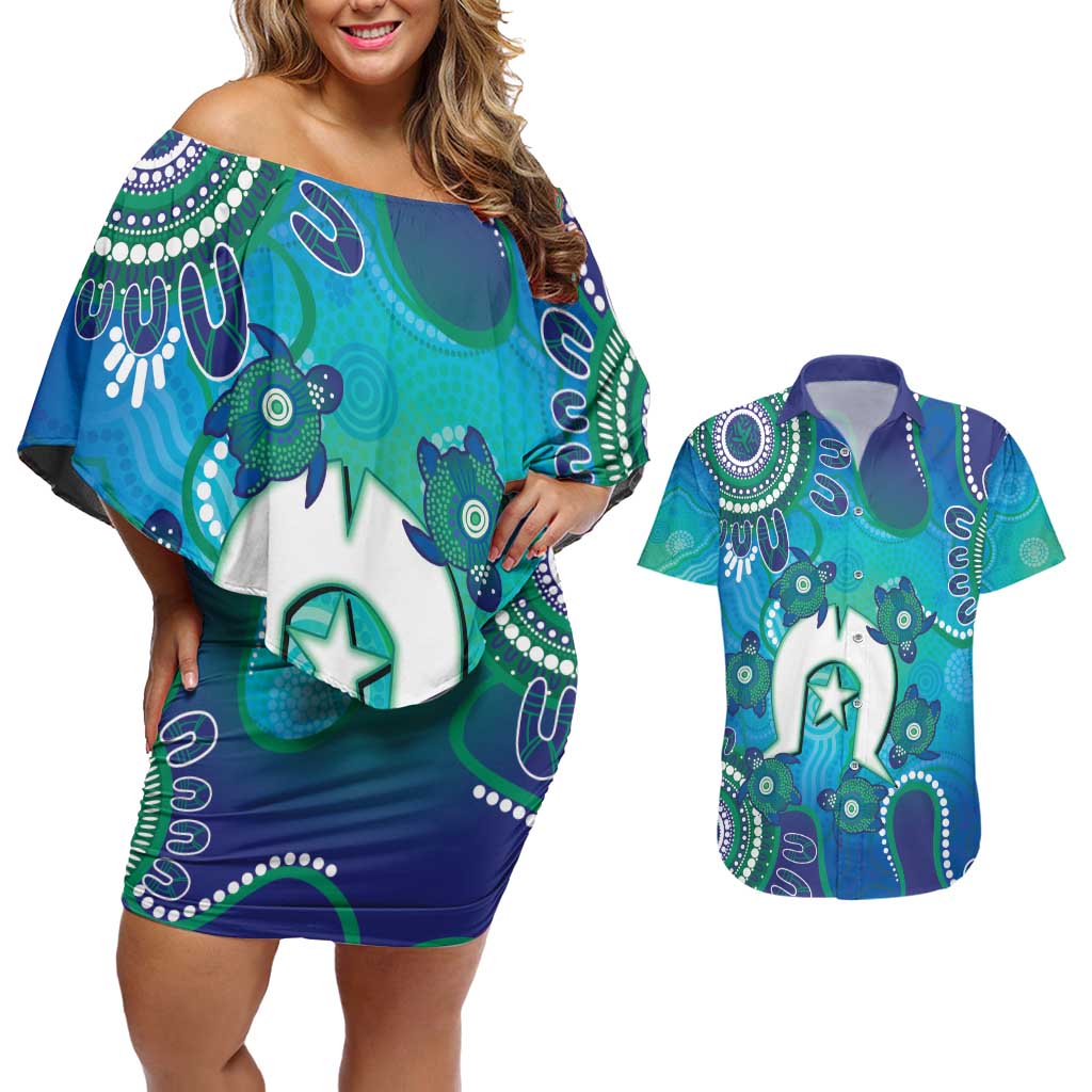 Torres Strait Islanders Flag Day Couples Matching Off Shoulder Short Dress and Hawaiian Shirt Dhari With Turtles Aboriginal Art