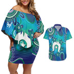 Torres Strait Islanders Flag Day Couples Matching Off Shoulder Short Dress and Hawaiian Shirt Dhari With Turtles Aboriginal Art