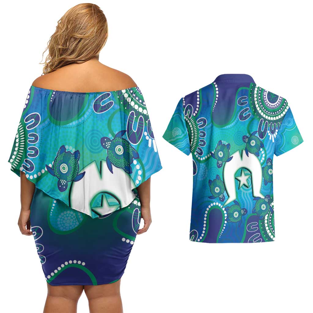 Torres Strait Islanders Flag Day Couples Matching Off Shoulder Short Dress and Hawaiian Shirt Dhari With Turtles Aboriginal Art
