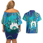 Torres Strait Islanders Flag Day Couples Matching Off Shoulder Short Dress and Hawaiian Shirt Dhari With Turtles Aboriginal Art