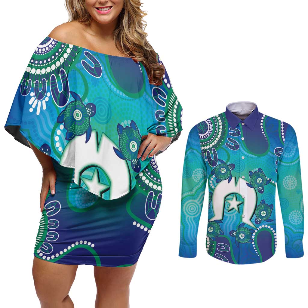 Torres Strait Islanders Flag Day Couples Matching Off Shoulder Short Dress and Long Sleeve Button Shirt Dhari With Turtles Aboriginal Art