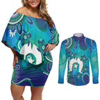 Torres Strait Islanders Flag Day Couples Matching Off Shoulder Short Dress and Long Sleeve Button Shirt Dhari With Turtles Aboriginal Art