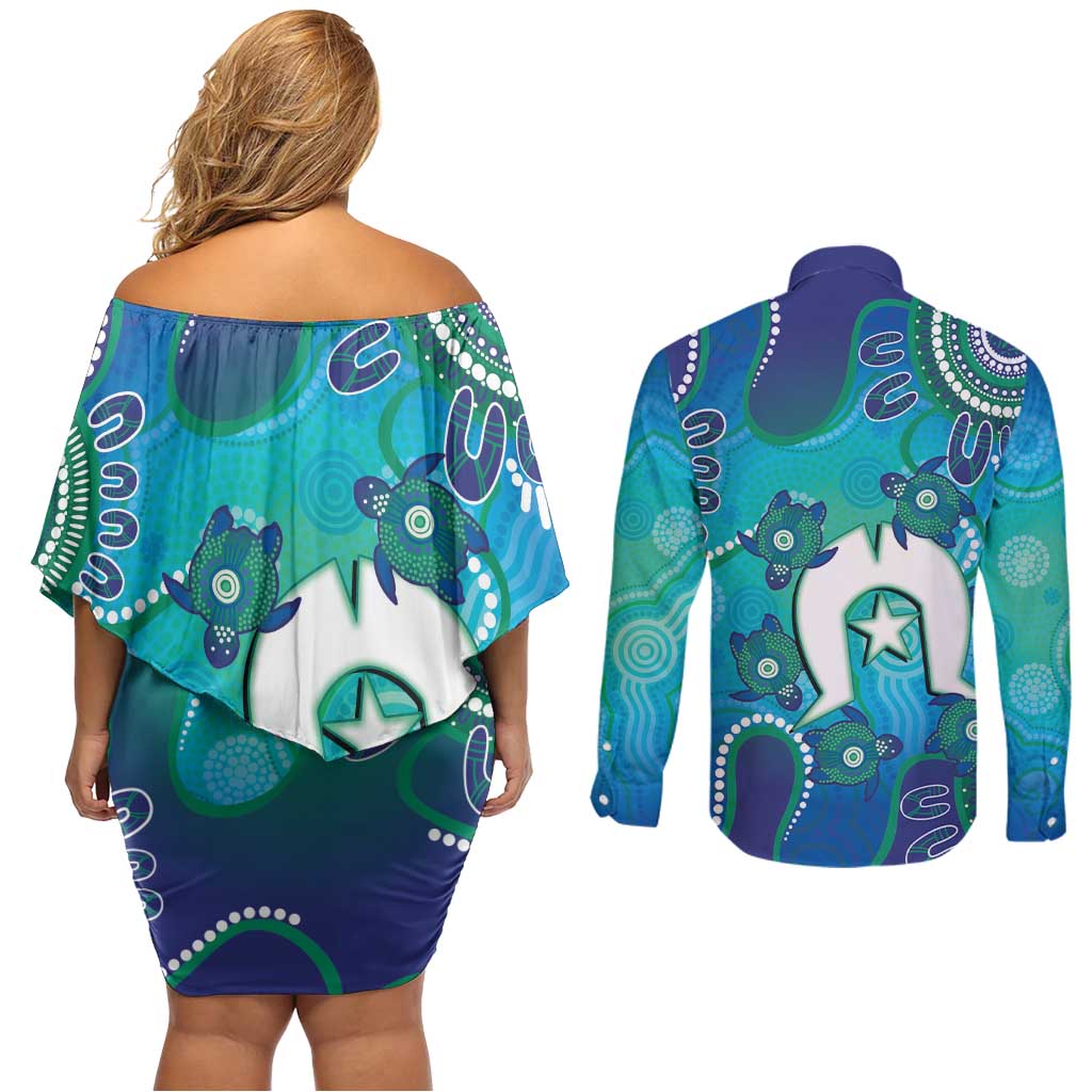 Torres Strait Islanders Flag Day Couples Matching Off Shoulder Short Dress and Long Sleeve Button Shirt Dhari With Turtles Aboriginal Art