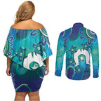 Torres Strait Islanders Flag Day Couples Matching Off Shoulder Short Dress and Long Sleeve Button Shirt Dhari With Turtles Aboriginal Art