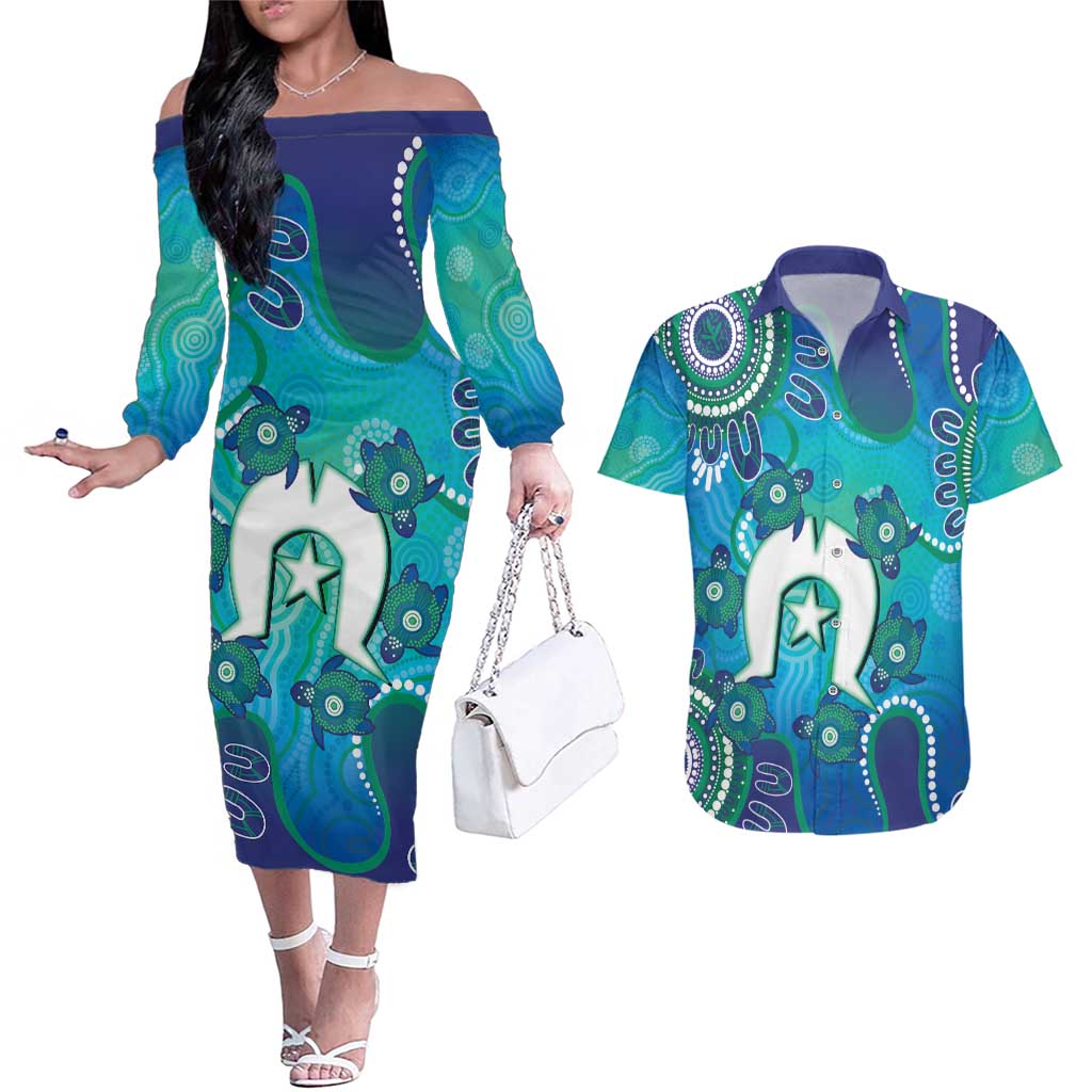 Torres Strait Islanders Flag Day Couples Matching Off The Shoulder Long Sleeve Dress and Hawaiian Shirt Dhari With Turtles Aboriginal Art