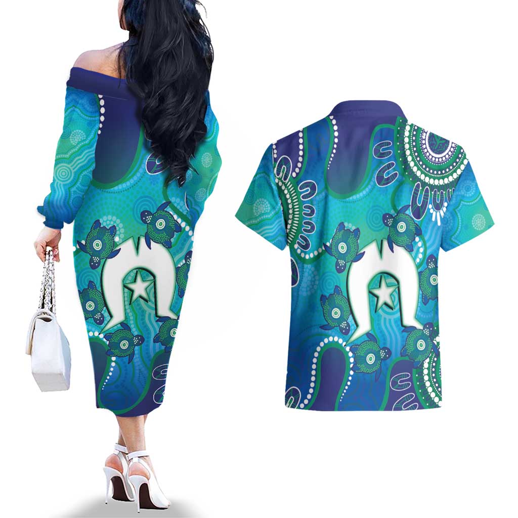 Torres Strait Islanders Flag Day Couples Matching Off The Shoulder Long Sleeve Dress and Hawaiian Shirt Dhari With Turtles Aboriginal Art