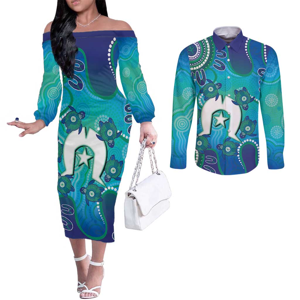 Torres Strait Islanders Flag Day Couples Matching Off The Shoulder Long Sleeve Dress and Long Sleeve Button Shirt Dhari With Turtles Aboriginal Art
