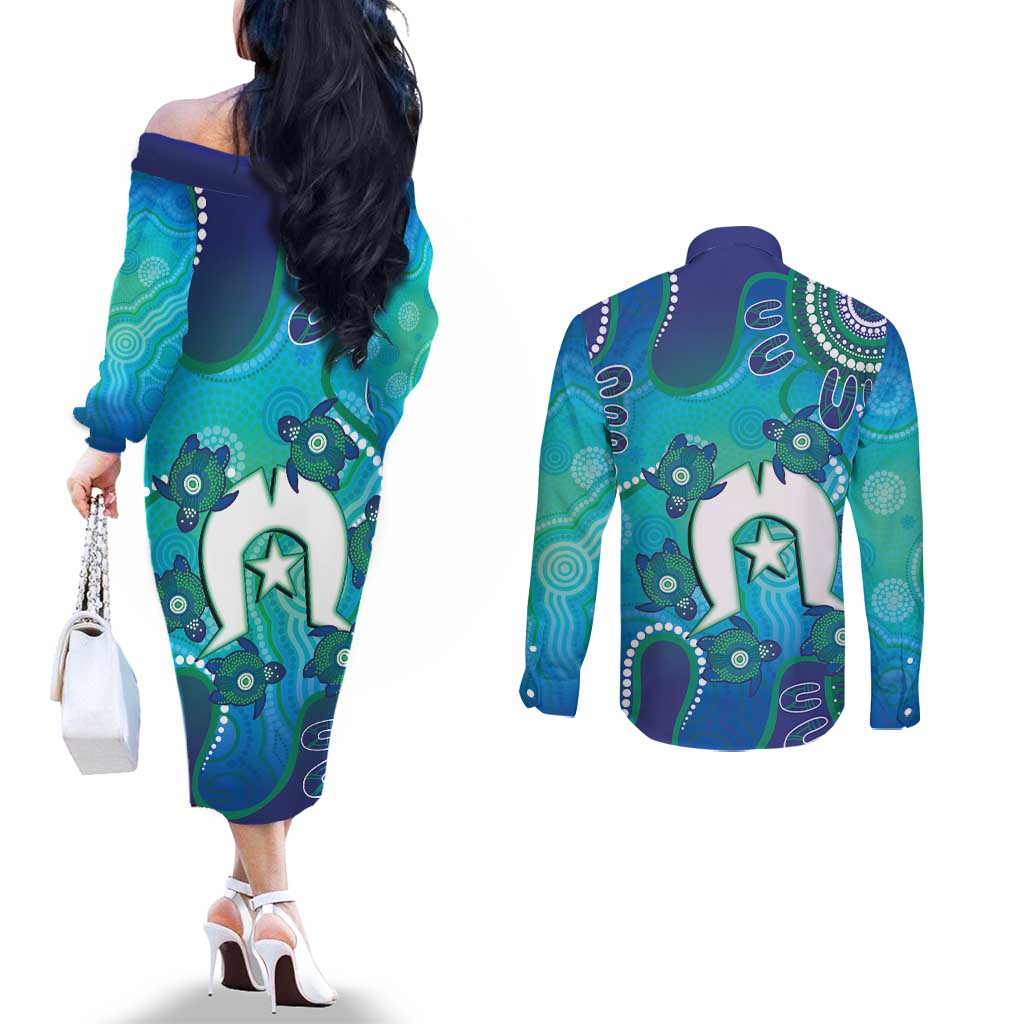 Torres Strait Islanders Flag Day Couples Matching Off The Shoulder Long Sleeve Dress and Long Sleeve Button Shirt Dhari With Turtles Aboriginal Art