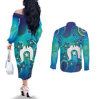 Torres Strait Islanders Flag Day Couples Matching Off The Shoulder Long Sleeve Dress and Long Sleeve Button Shirt Dhari With Turtles Aboriginal Art