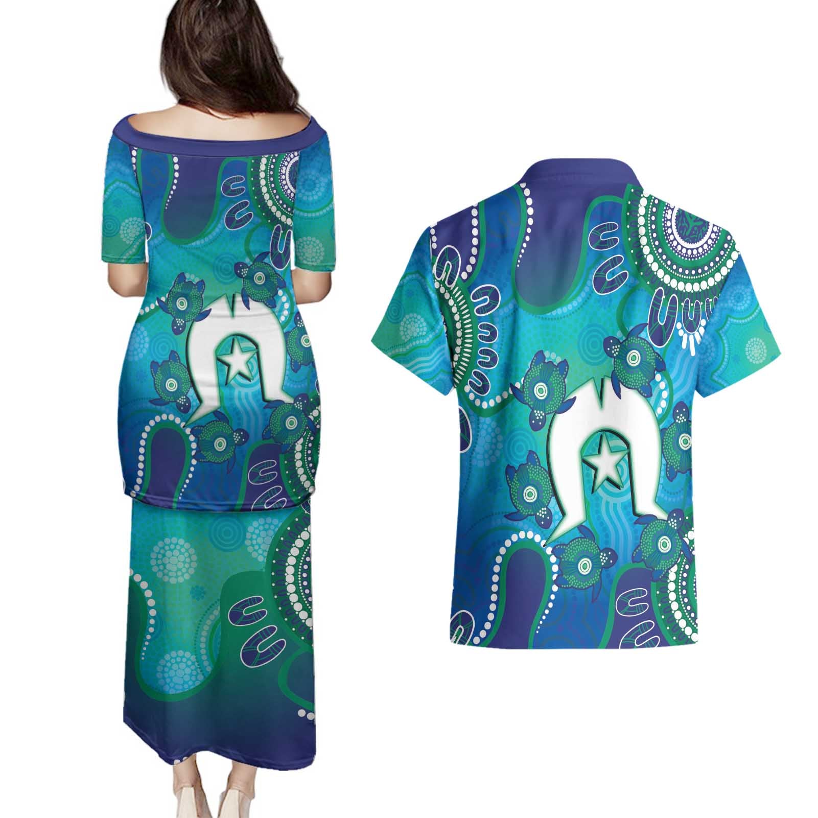 Torres Strait Islanders Flag Day Couples Matching Puletasi and Hawaiian Shirt Dhari With Turtles Aboriginal Art