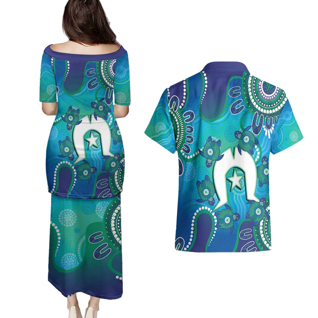 Torres Strait Islanders Flag Day Couples Matching Puletasi and Hawaiian Shirt Dhari With Turtles Aboriginal Art