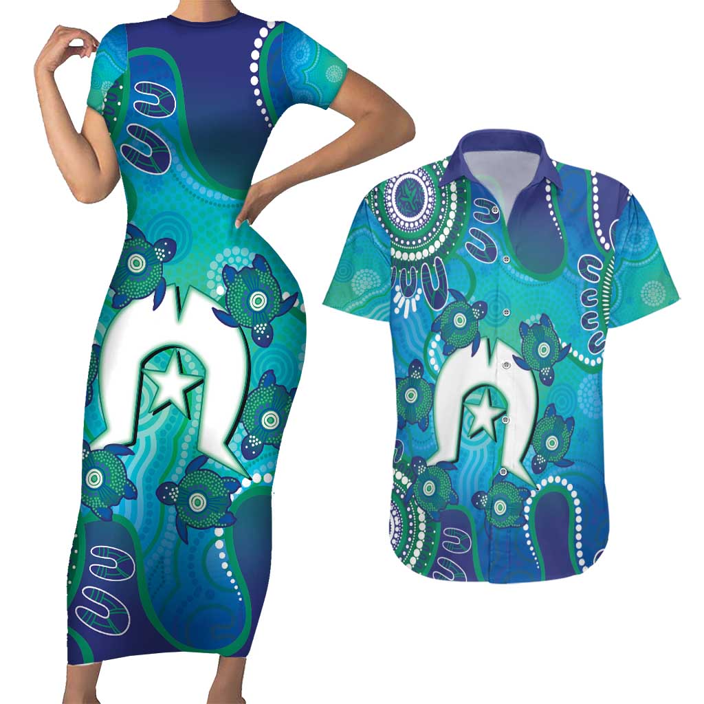 Torres Strait Islanders Flag Day Couples Matching Short Sleeve Bodycon Dress and Hawaiian Shirt Dhari With Turtles Aboriginal Art