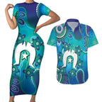 Torres Strait Islanders Flag Day Couples Matching Short Sleeve Bodycon Dress and Hawaiian Shirt Dhari With Turtles Aboriginal Art