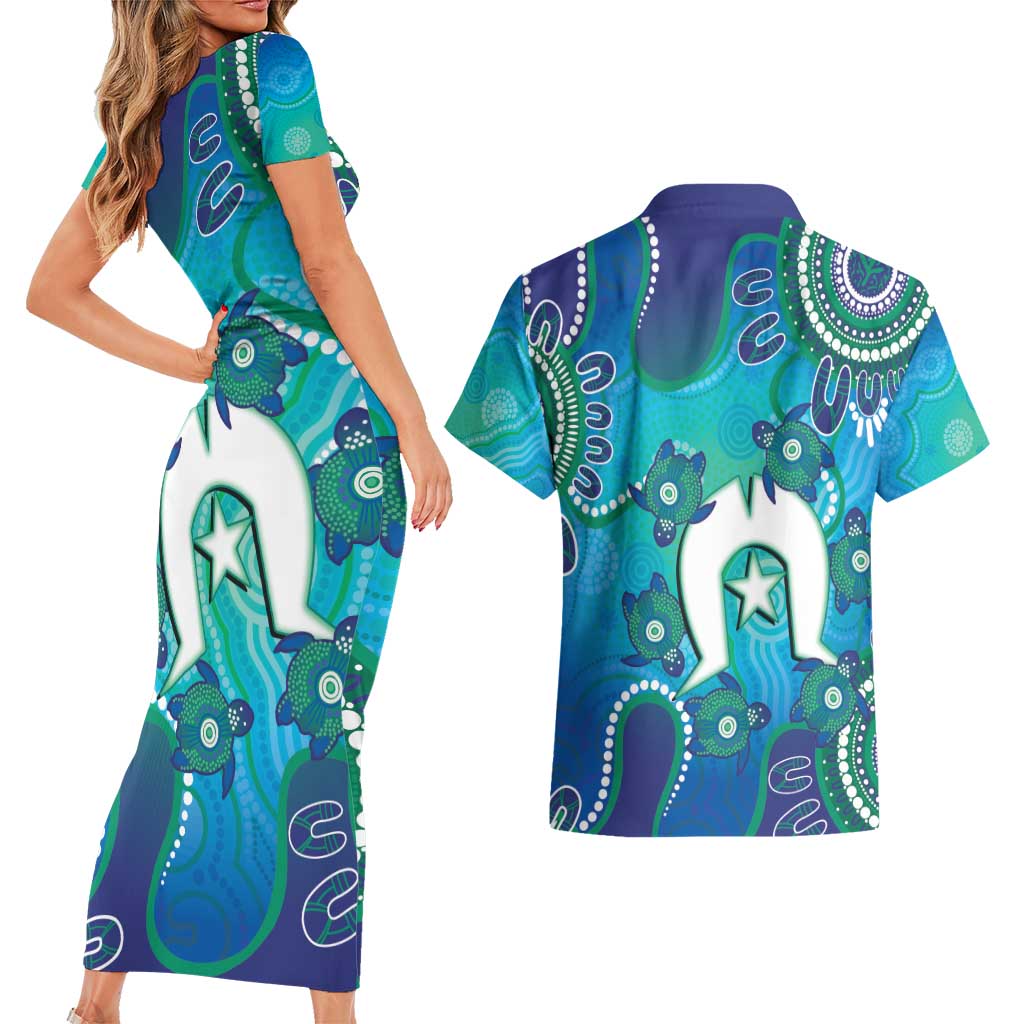 Torres Strait Islanders Flag Day Couples Matching Short Sleeve Bodycon Dress and Hawaiian Shirt Dhari With Turtles Aboriginal Art