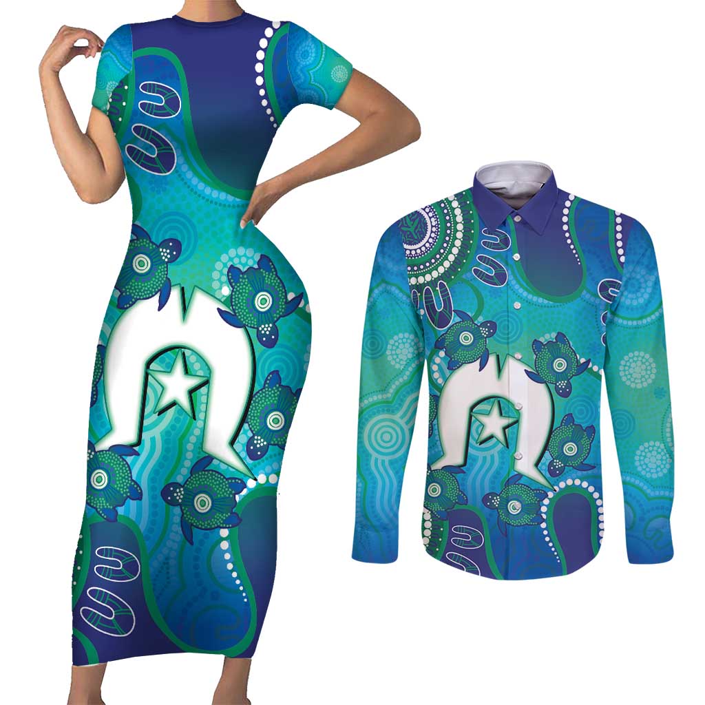 Torres Strait Islanders Flag Day Couples Matching Short Sleeve Bodycon Dress and Long Sleeve Button Shirt Dhari With Turtles Aboriginal Art