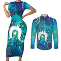 Torres Strait Islanders Flag Day Couples Matching Short Sleeve Bodycon Dress and Long Sleeve Button Shirt Dhari With Turtles Aboriginal Art