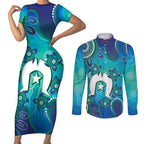Torres Strait Islanders Flag Day Couples Matching Short Sleeve Bodycon Dress and Long Sleeve Button Shirt Dhari With Turtles Aboriginal Art