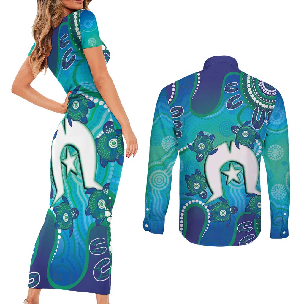 Torres Strait Islanders Flag Day Couples Matching Short Sleeve Bodycon Dress and Long Sleeve Button Shirt Dhari With Turtles Aboriginal Art