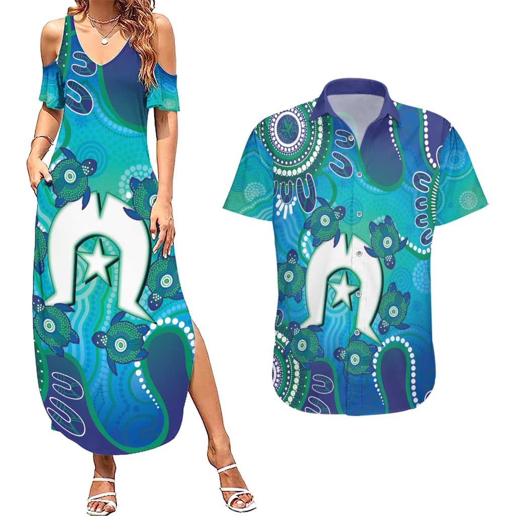 Torres Strait Islanders Flag Day Couples Matching Summer Maxi Dress and Hawaiian Shirt Dhari With Turtles Aboriginal Art