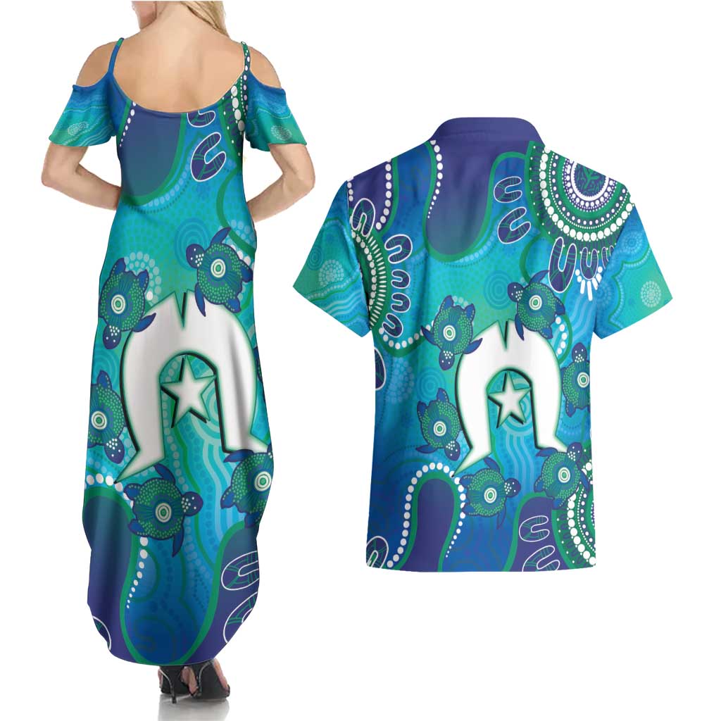 Torres Strait Islanders Flag Day Couples Matching Summer Maxi Dress and Hawaiian Shirt Dhari With Turtles Aboriginal Art