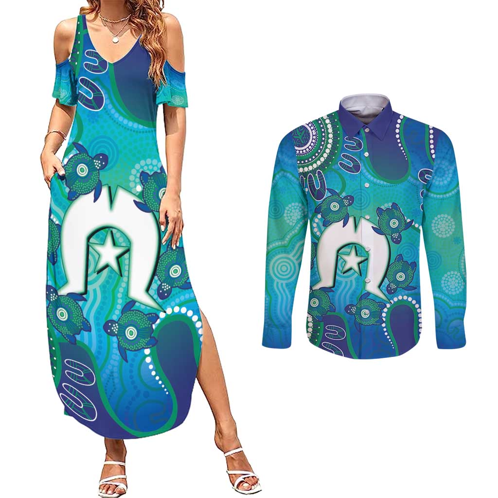 Torres Strait Islanders Flag Day Couples Matching Summer Maxi Dress and Long Sleeve Button Shirt Dhari With Turtles Aboriginal Art