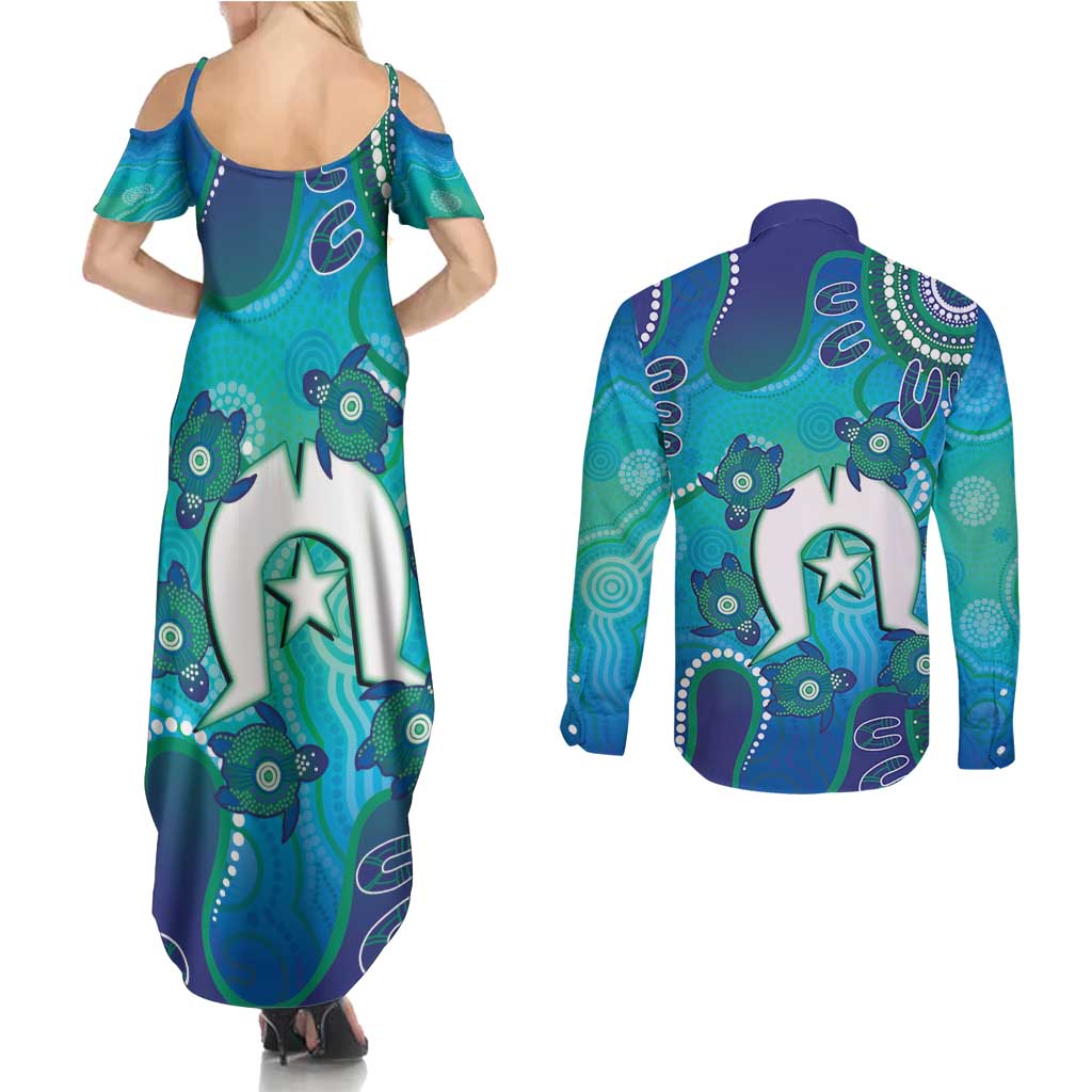 Torres Strait Islanders Flag Day Couples Matching Summer Maxi Dress and Long Sleeve Button Shirt Dhari With Turtles Aboriginal Art