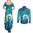 Torres Strait Islanders Flag Day Couples Matching Summer Maxi Dress and Long Sleeve Button Shirt Dhari With Turtles Aboriginal Art