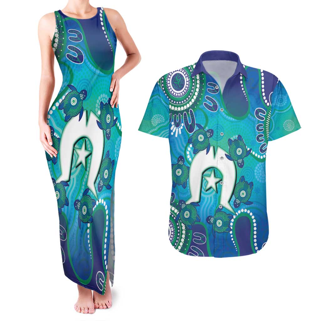Torres Strait Islanders Flag Day Couples Matching Tank Maxi Dress and Hawaiian Shirt Dhari With Turtles Aboriginal Art