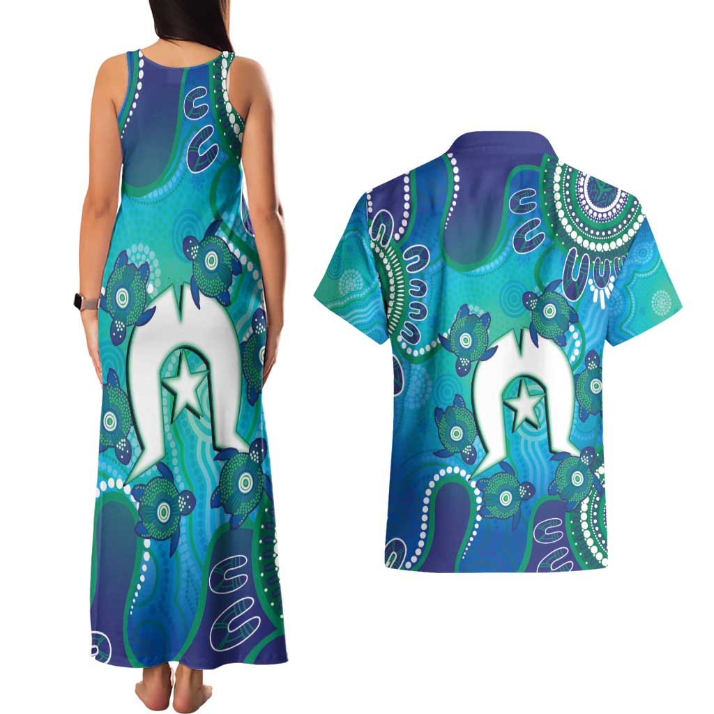 Torres Strait Islanders Flag Day Couples Matching Tank Maxi Dress and Hawaiian Shirt Dhari With Turtles Aboriginal Art