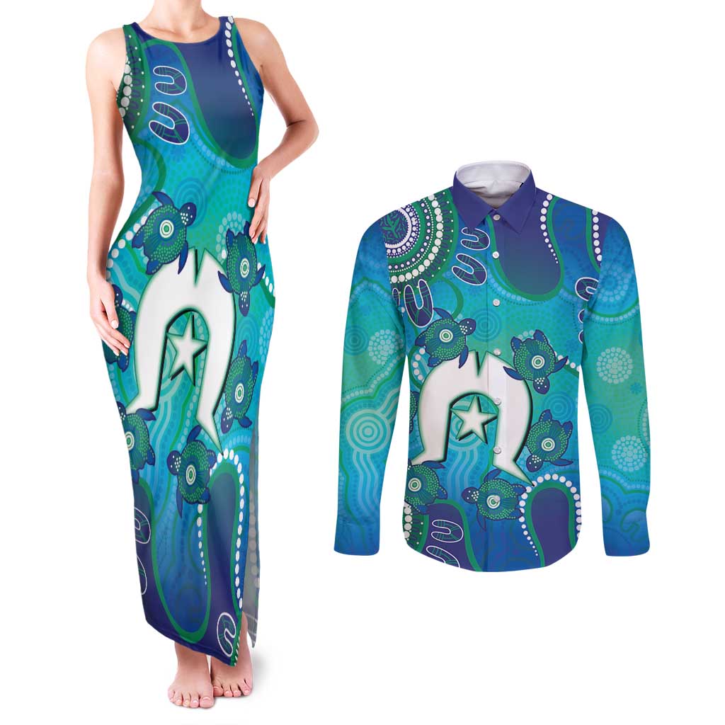 Torres Strait Islanders Flag Day Couples Matching Tank Maxi Dress and Long Sleeve Button Shirt Dhari With Turtles Aboriginal Art