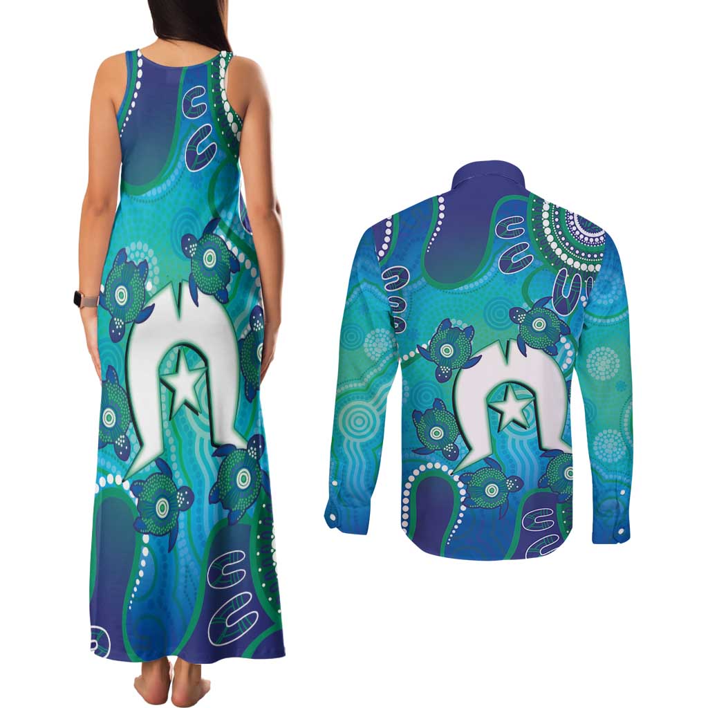 Torres Strait Islanders Flag Day Couples Matching Tank Maxi Dress and Long Sleeve Button Shirt Dhari With Turtles Aboriginal Art