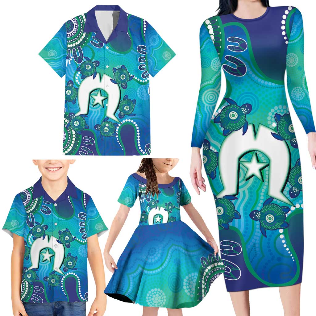Torres Strait Islanders Flag Day Family Matching Long Sleeve Bodycon Dress and Hawaiian Shirt Dhari With Turtles Aboriginal Art