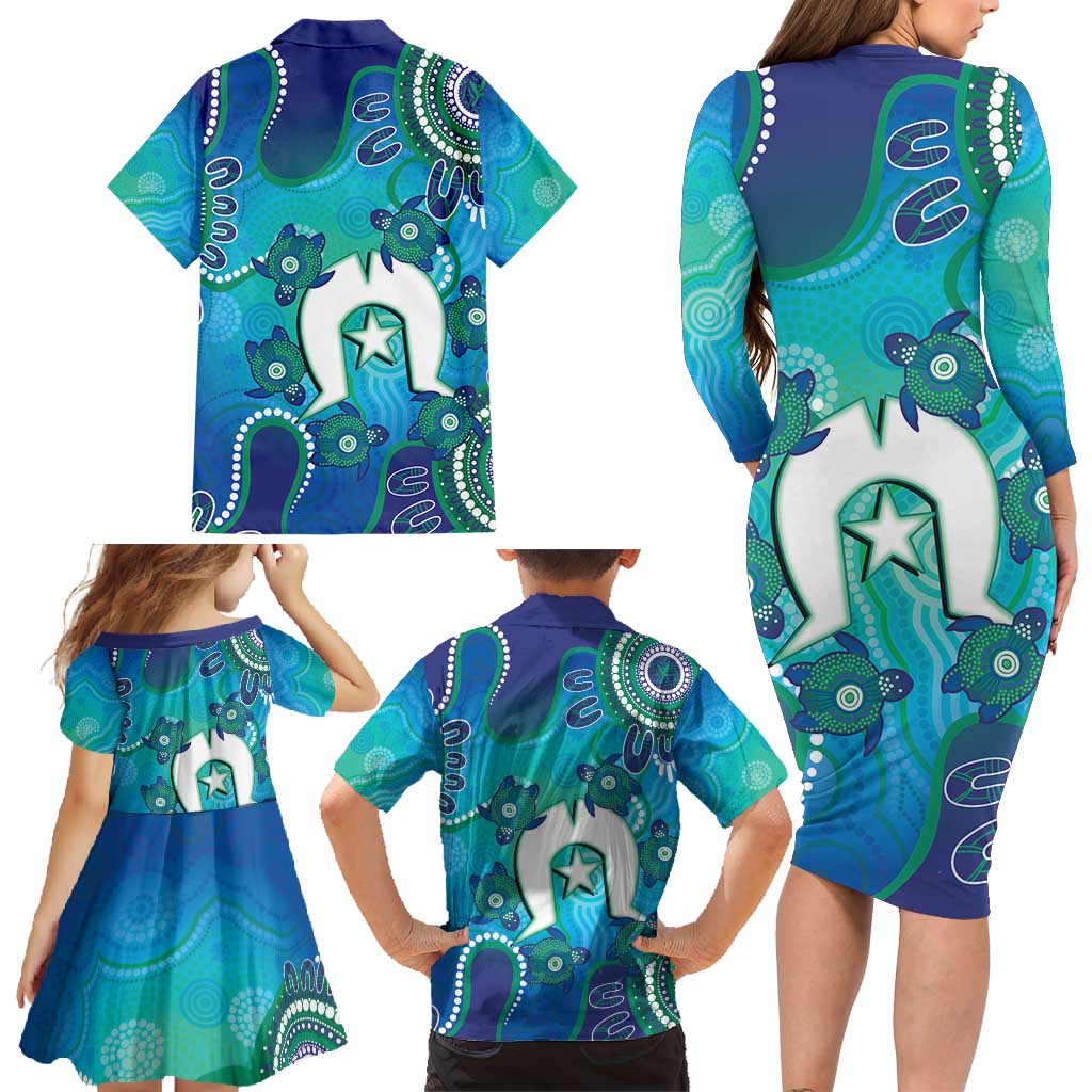 Torres Strait Islanders Flag Day Family Matching Long Sleeve Bodycon Dress and Hawaiian Shirt Dhari With Turtles Aboriginal Art