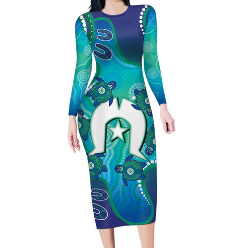 Torres Strait Islanders Flag Day Family Matching Long Sleeve Bodycon Dress and Hawaiian Shirt Dhari With Turtles Aboriginal Art