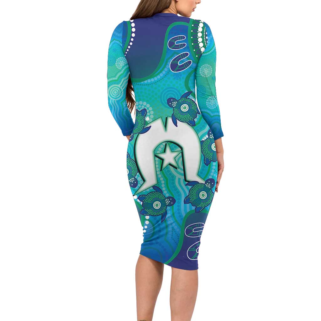 Torres Strait Islanders Flag Day Family Matching Long Sleeve Bodycon Dress and Hawaiian Shirt Dhari With Turtles Aboriginal Art
