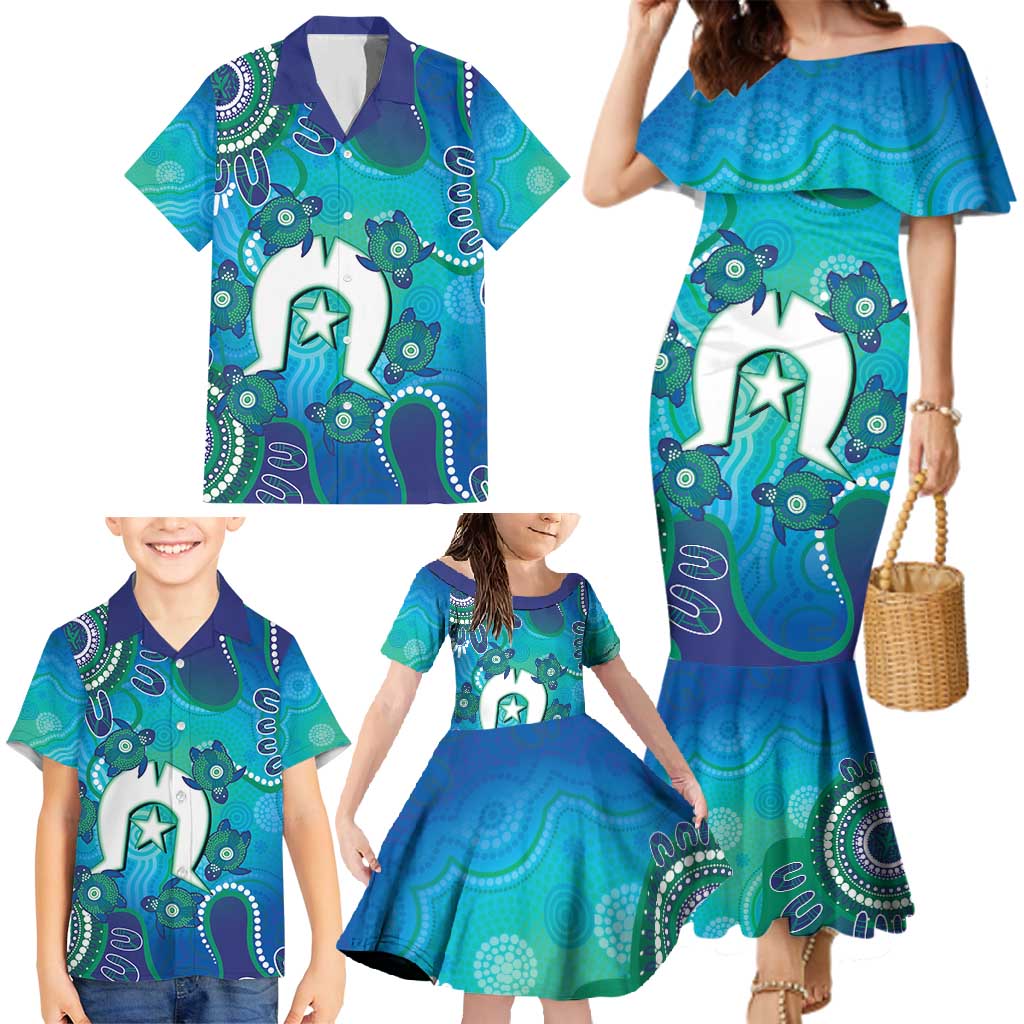 Torres Strait Islanders Flag Day Family Matching Mermaid Dress and Hawaiian Shirt Dhari With Turtles Aboriginal Art