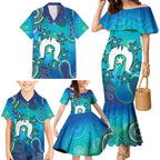 Torres Strait Islanders Flag Day Family Matching Mermaid Dress and Hawaiian Shirt Dhari With Turtles Aboriginal Art