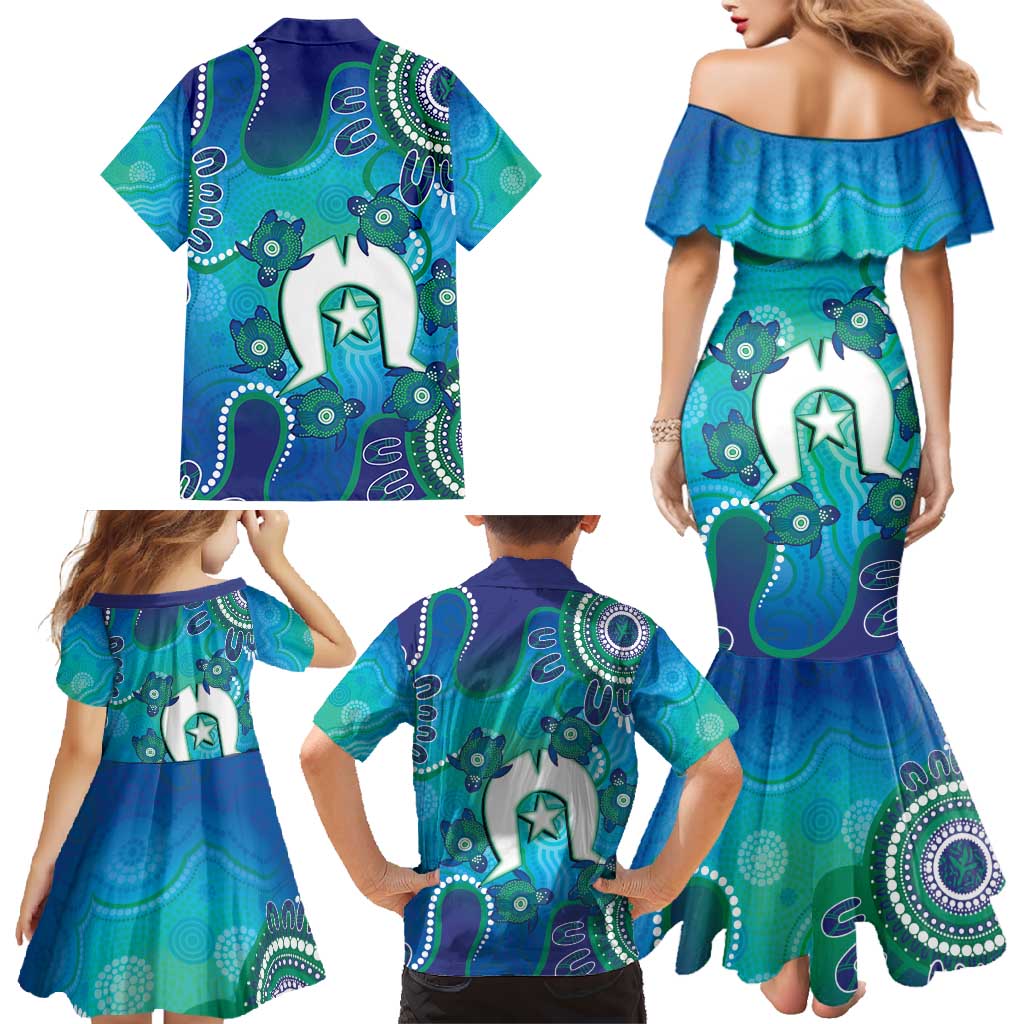 Torres Strait Islanders Flag Day Family Matching Mermaid Dress and Hawaiian Shirt Dhari With Turtles Aboriginal Art