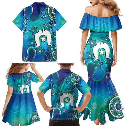 Torres Strait Islanders Flag Day Family Matching Mermaid Dress and Hawaiian Shirt Dhari With Turtles Aboriginal Art