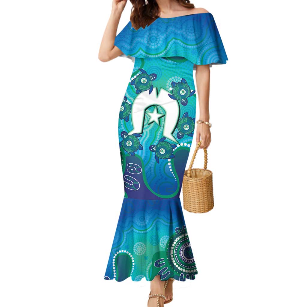 Torres Strait Islanders Flag Day Family Matching Mermaid Dress and Hawaiian Shirt Dhari With Turtles Aboriginal Art