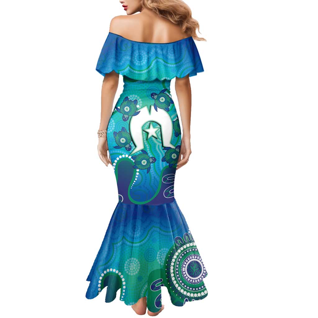 Torres Strait Islanders Flag Day Family Matching Mermaid Dress and Hawaiian Shirt Dhari With Turtles Aboriginal Art
