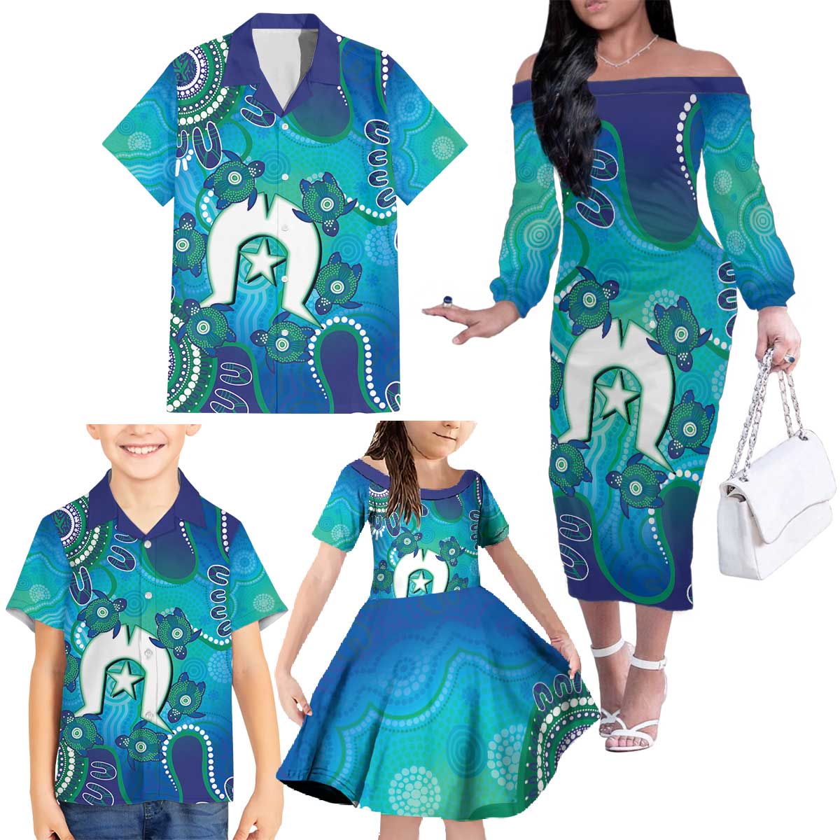 Torres Strait Islanders Flag Day Family Matching Off The Shoulder Long Sleeve Dress and Hawaiian Shirt Dhari With Turtles Aboriginal Art
