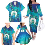 Torres Strait Islanders Flag Day Family Matching Off The Shoulder Long Sleeve Dress and Hawaiian Shirt Dhari With Turtles Aboriginal Art