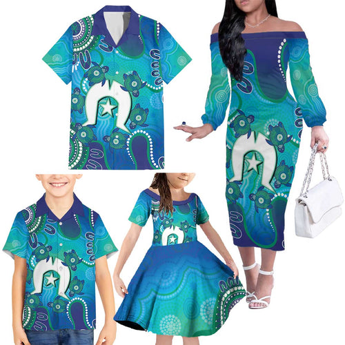 Torres Strait Islanders Flag Day Family Matching Off The Shoulder Long Sleeve Dress and Hawaiian Shirt Dhari With Turtles Aboriginal Art