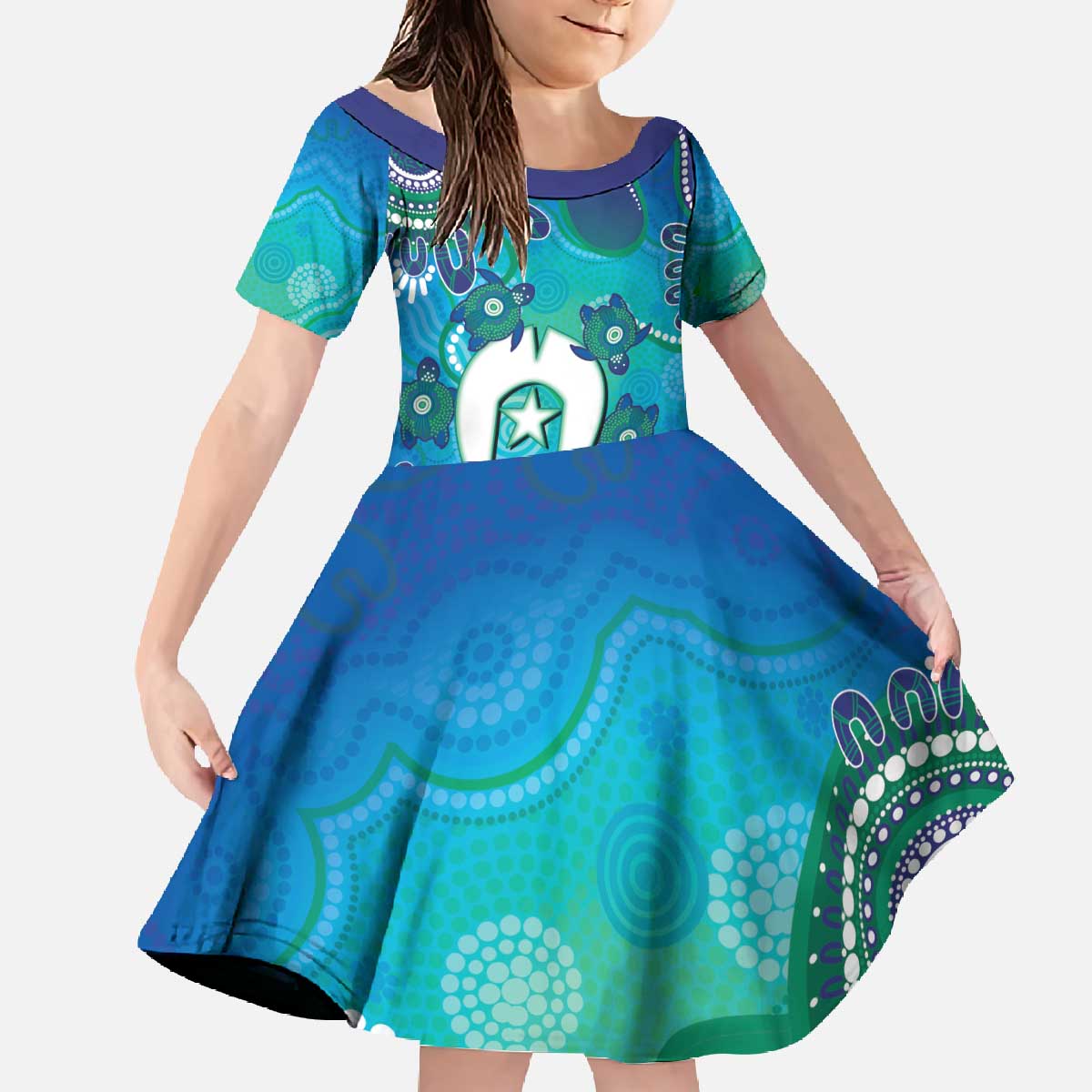 Torres Strait Islanders Flag Day Family Matching Off The Shoulder Long Sleeve Dress and Hawaiian Shirt Dhari With Turtles Aboriginal Art