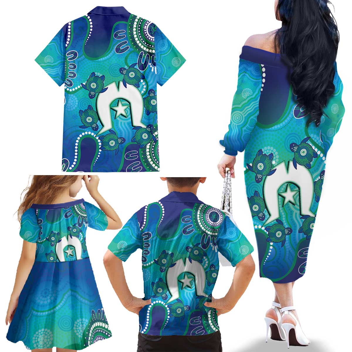 Torres Strait Islanders Flag Day Family Matching Off The Shoulder Long Sleeve Dress and Hawaiian Shirt Dhari With Turtles Aboriginal Art